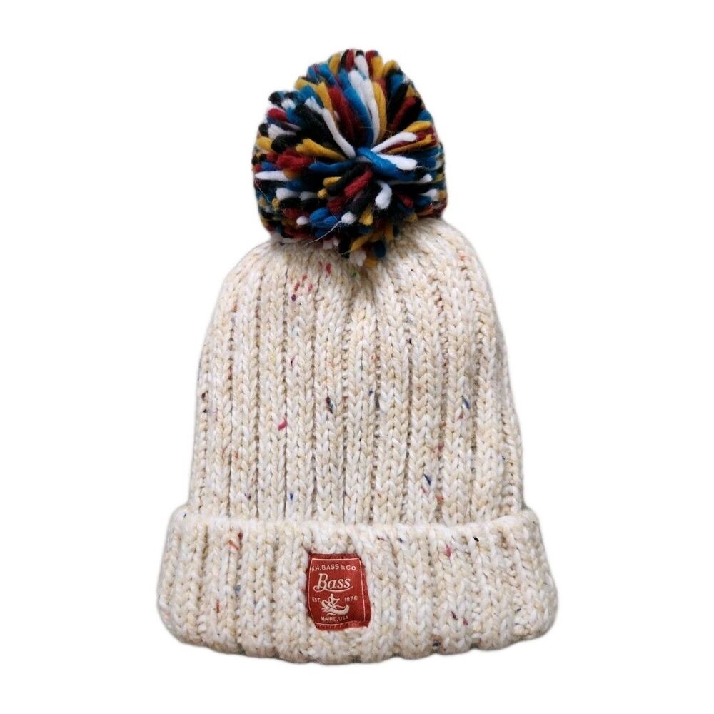 G.H. Bass Fleece Lined Knit Beanie Oatmeal Speckled Pom Pom Unisex Adult OS EUC - Picture 1 of 9